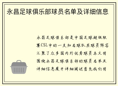 永昌足球俱乐部球员名单及详细信息